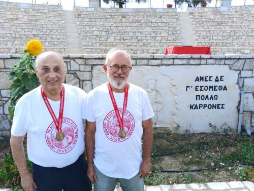 Professor Demetrios Spandidos and Professor Zoumpourlis at the Penelopeios Road, Sparta, Aug 2026.